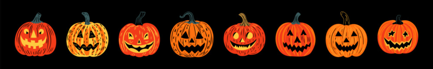 Set of halloween jack o lantern cartoon illustration doodle. Scary october holiday decoration collection in hand drawn style. Spooky autumn party graphic bundle, creepy carved smiling pumpkin. © Dedraw Studio