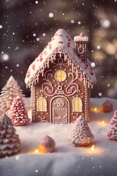A festive gingerbread house in a snowy winter wonderland