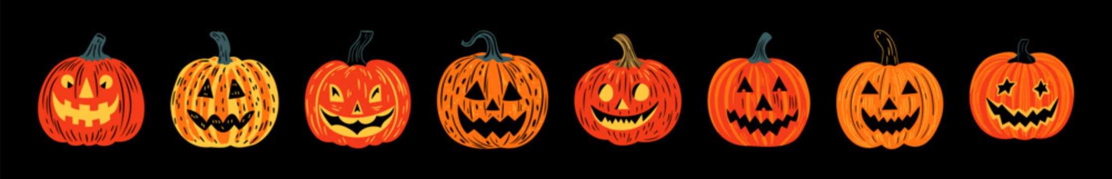 Set of halloween jack o lantern cartoon illustration doodle. Scary october holiday decoration collection in hand drawn style. Spooky autumn party graphic bundle, creepy carved smiling pumpkin.