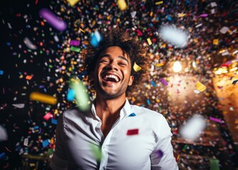 A man enjoying a joyful moment surrounded by confetti