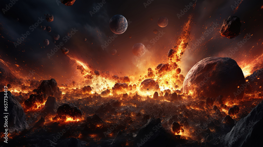 Poster asteroid impact, end of world, judgment day, group of burning exploding. generative ai