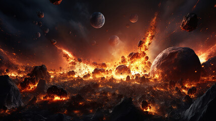 Naklejka premium Asteroid impact, end of world, judgment day, Group of burning exploding. Generative Ai
