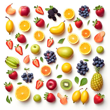 Close up image of a colorful selection of fruits all isolated on a white background