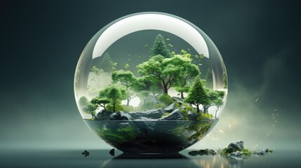 A glass sphere with a forest inside, AI - obrazy, fototapety, plakaty