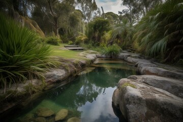 calming rock pool surrounded by serene environment. Generative AI