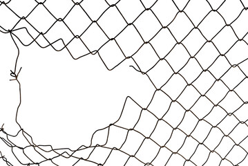 The texture of the metal mesh on a white background. Torn steel, metal mesh with holes