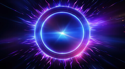 Blue purple neon laser rings with rays abstract background, Technology. Generative Ai