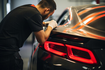 Car detailing service, a man car wrapping specialist at work, wrapping a sports car with carbon black vinyl film.