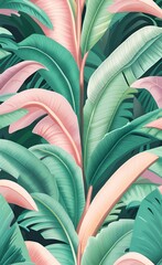 Tropical trees wallpaper design, banana leaf, landscape, pastel tones, mural art, Generative AI 