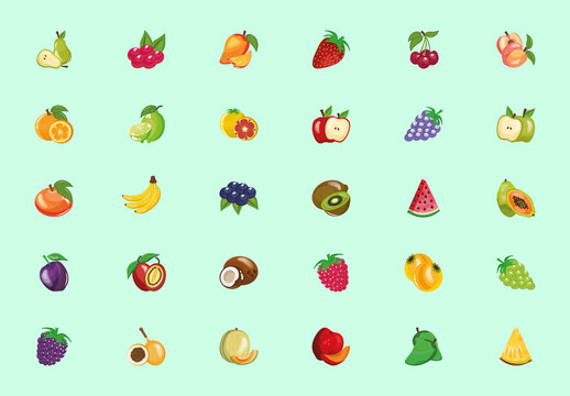 Colorful Fresh Fruit Collection Icons Set