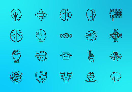 Blue Futuristic Artificial Intelligence Technology Icons Set