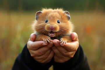 Cute hamster in hands on nature background, close-up - obrazy, fototapety, plakaty