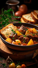 Beef meat stewed with potatoes, carrots and spices in ceramic pot