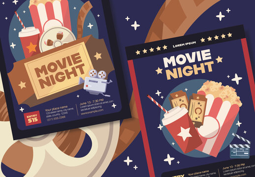 Dark Red and Blue Flat Movie Night Event Poster Cinematic Popcorn Ticket Template