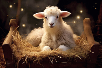 A beautiful portrayal of Jesus as the Lamb of God, nestled in a humble manger, represents the pure and gentle essence of His birth. (AR 3:2) - obrazy, fototapety, plakaty