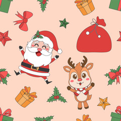 Fototapeta premium Christmas theme line art doodle cartoon pattern seamless illustration, Merry Christmas.