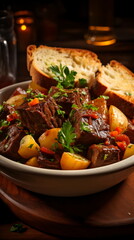 Beef meat stewed with potatoes, carrots and spices in ceramic pot
