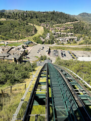 Looking down on the funicular tracks in Park City, Utah, USA at a ski resort in the summer.