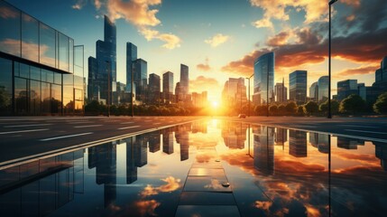 Fototapeta premium Modern office building or business center. High-rise window buildings made of glass reflect the clouds and the sunset. empty street outside wall modernity civilization. growing up business