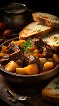 Beef meat stewed with potatoes, carrots and spices in ceramic pot