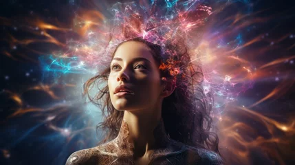 Rolgordijnen "Explore the depths of galactic consciousness in this visually captivating image. Witness the intricate web of interconnected minds, where cosmic thoughts flow through a neural network of the future.  © AI Visual Vault