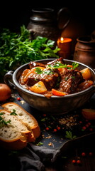 Beef meat stewed with potatoes, carrots and spices in ceramic pot