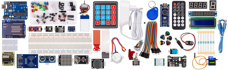 big set collection microcontroller parts board display sensor button switches rfid module lcd cable wire accessories and equipment isolated  white electronics concept background