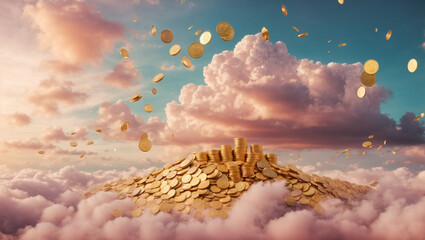 Pile of golden coins on the colorful clouds and blue sky, Business and finance concept. ai generative - obrazy, fototapety, plakaty