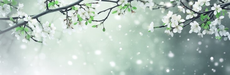 A snowy tree branch with beautiful white flowers in bloom