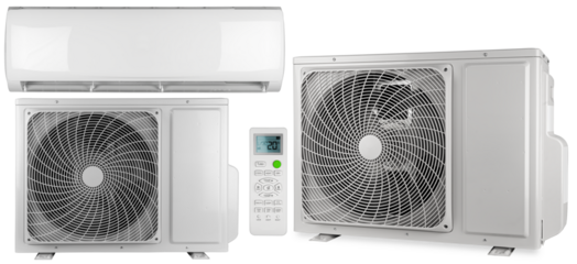 Set collection of home air conditioner ac inverter heat pump mini split system with indoor outdoor unit and remote control isolated white background