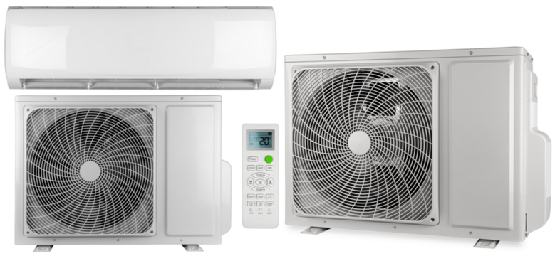 Set collection of home air conditioner ac inverter heat pump mini split system with indoor outdoor unit and remote control isolated white background