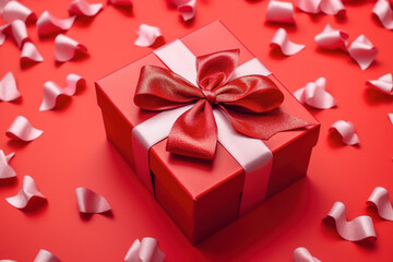 Red gift box with ribbon and bow isolated on red background.Holiday gift with Birthday, Christmas present, flat lay, top view, copy space
