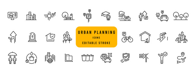 Fototapeta na wymiar City development line icons. Urban planning, smart city infrastructure. Editable stroke icon