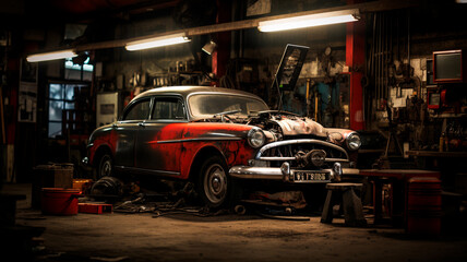 vintage car in the garage - obrazy, fototapety, plakaty