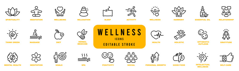 Wellness, wellbeing, mental health, healthcare. Set of line icons. Editable stroke