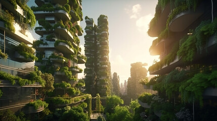 Green skyscraper building with plants growing on the facade. Ecology and green living in city, urban environment concept. ESG , Net Zero concept - Powered by Adobe
