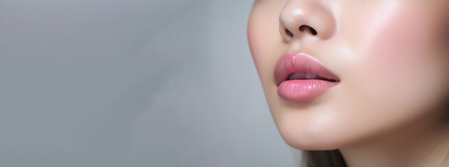 healthy human lips with pink glossy and shiny lipstick , a Skincare and beauty and a cosmetic concept - obrazy, fototapety, plakaty