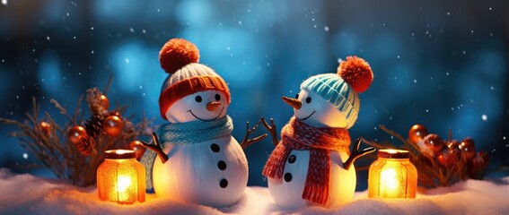Naklejka premium Two snowmen standing together in a snowy landscape