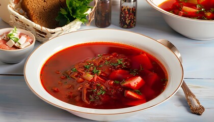 Dinner Table with Borscht or Tomato Beet Soup - obrazy, fototapety, plakaty