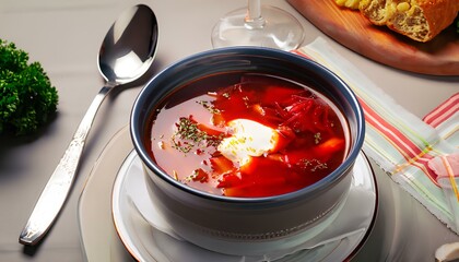 Dinner Table with Borscht or Tomato Beet Soup - obrazy, fototapety, plakaty