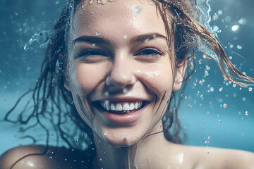 Beautiful super model woman is splashed by water with good and moisture skin, Skin care, cosmetic and beauty product natural body wellness, liquid detox cleaning routine. Sustainable cosmetic health