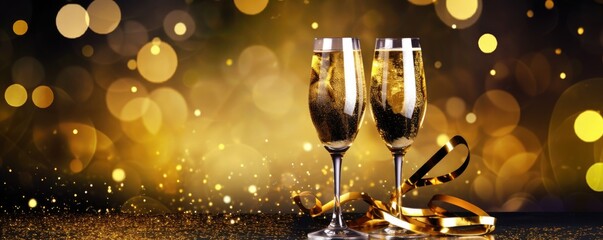 Two glasses of champagne with a gold ribbon on a table