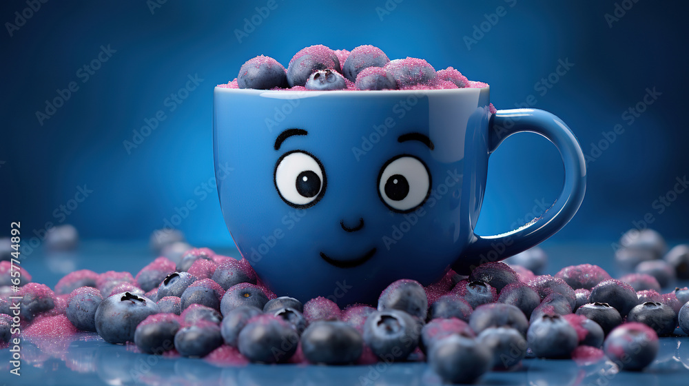 Poster front view of sad mug with copy space with blueberries. generative ai