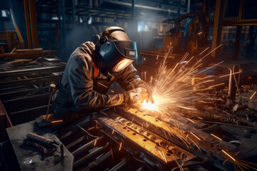 A male engineer makes arc welding with spark lights in background of the factory. The working concept of worker and craftsmen. - obrazy, fototapety, plakaty