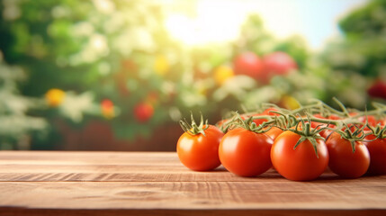 Fresh tomatoes on wooden table at organic farm background. - obrazy, fototapety, plakaty