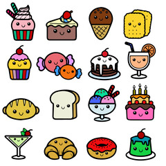 Colorful confectionery, dessert set, candy, sweets, croissant, donut, ice cream, children's vector illustration in simple naive style. Vector isolated on white background, Design for web, website, ban