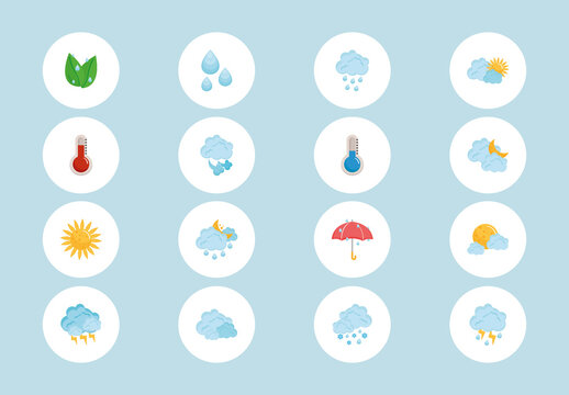 Light Blue and White Weather Forecast Flat Icon Set