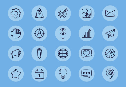 Blue and Light Blue Business Marketing Line Icons Set
