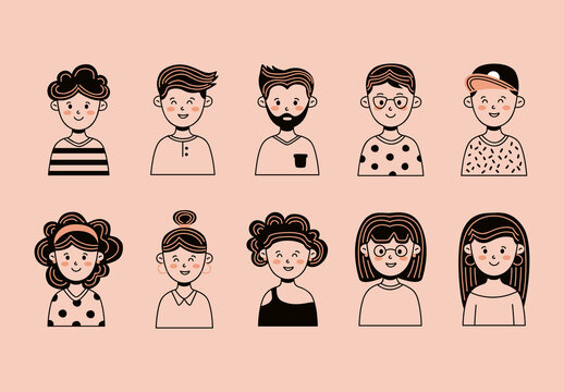 Peach and Black Hand Drawn People Avatar Set
