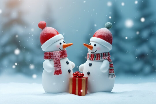 Two happy snowman toys giving a gift, Christmas and new year celebration concept photo background.